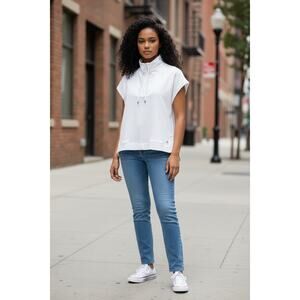 Calvin Klein White Half Zip Blouse Mock Neck Drawstring Top Size S